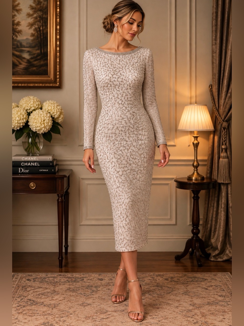 Vintage Morgan Taylor Evening 100% Silk Beaded Cocktail Dress Ivory Old Money